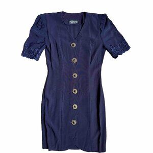 Vtg All That Jazz Dress Womens S Short Navy Gold Button Bridal‎ Shower Secretary